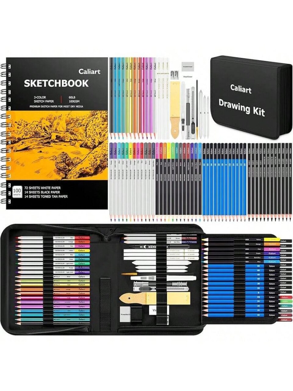 176PCS Art Supplies Sketching Kit with 3-Color Sketch Book and Multiple Pencil Types
